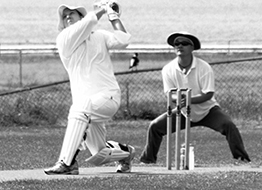 A cricket batsman hits the ball long and high
